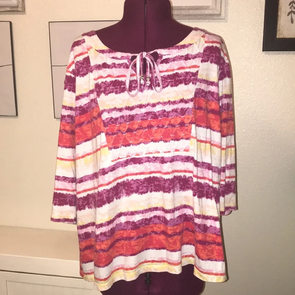 Erika 1X Women’s 3/4 Sleeve Scoop Tie Neck Pink Purple Red White Stripes